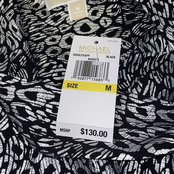 Michael Kors Black & Silver Shimmering Animal Print Blouse With Tie Size M NWT - Picture 4 of 10